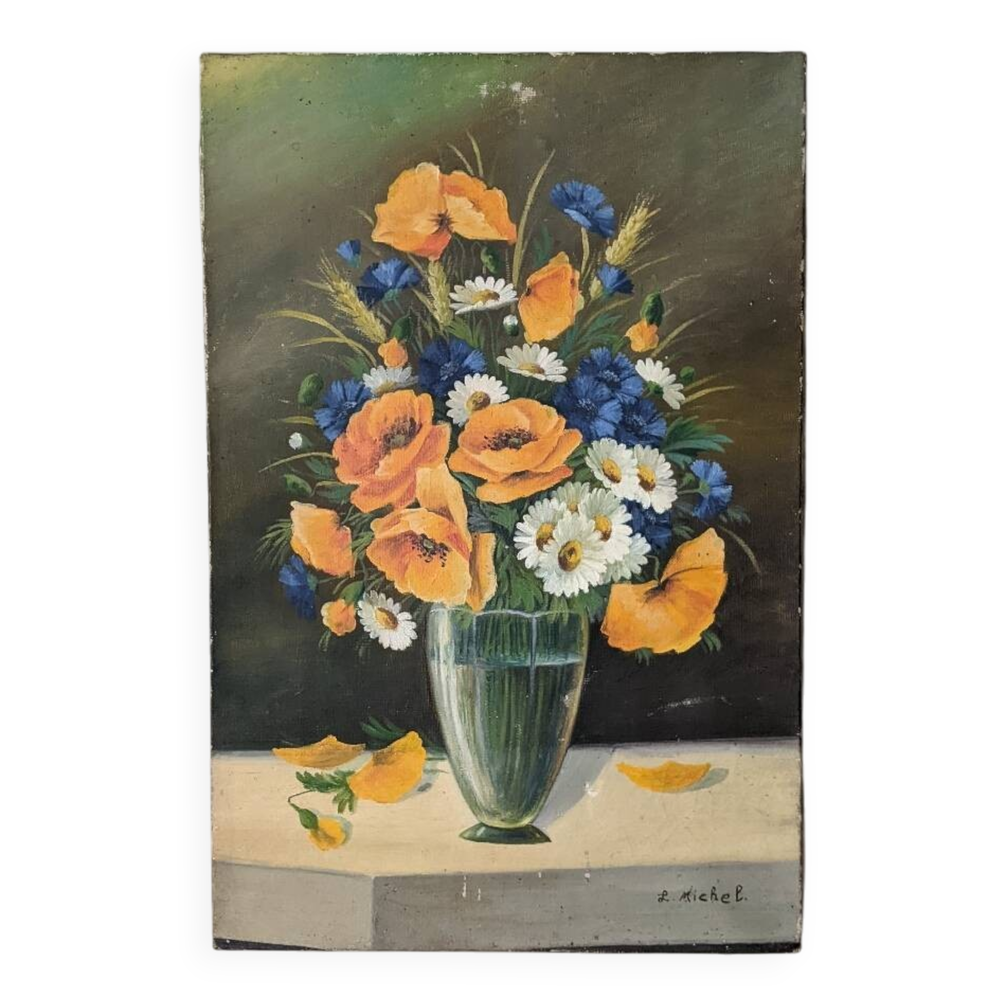 Antique still life painting, bohemian country decor, floral bouquet
