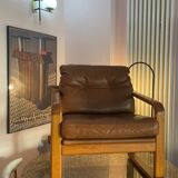 Armchair HS Denmark in leather and teak from the 60s