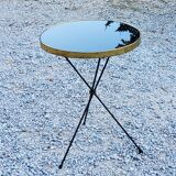Side table from the 60s Whisky table top in black glass and gilded metal tripod base in