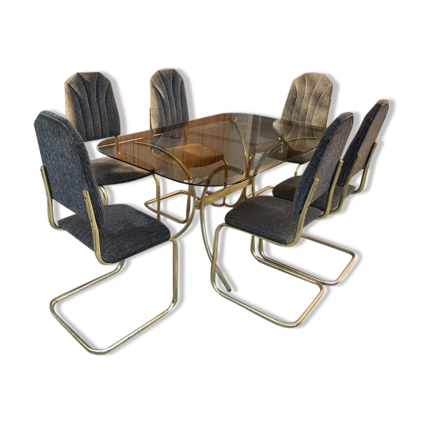 Chaises et table de salle à manger italiennes vintage en laiton, années 1970, lot de 7