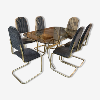 Chaises de salle à manger italiennes vintage et table en laiton, années 1970