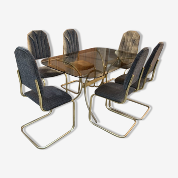 Vintage italian dining chairs and table in brass, 1970s, set of 7