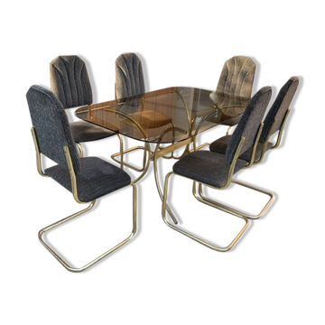 Vintage italian dining chairs and table in brass, 1970s, set of 7