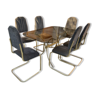 Vintage italian dining chairs and table in brass, 1970s, set of 7