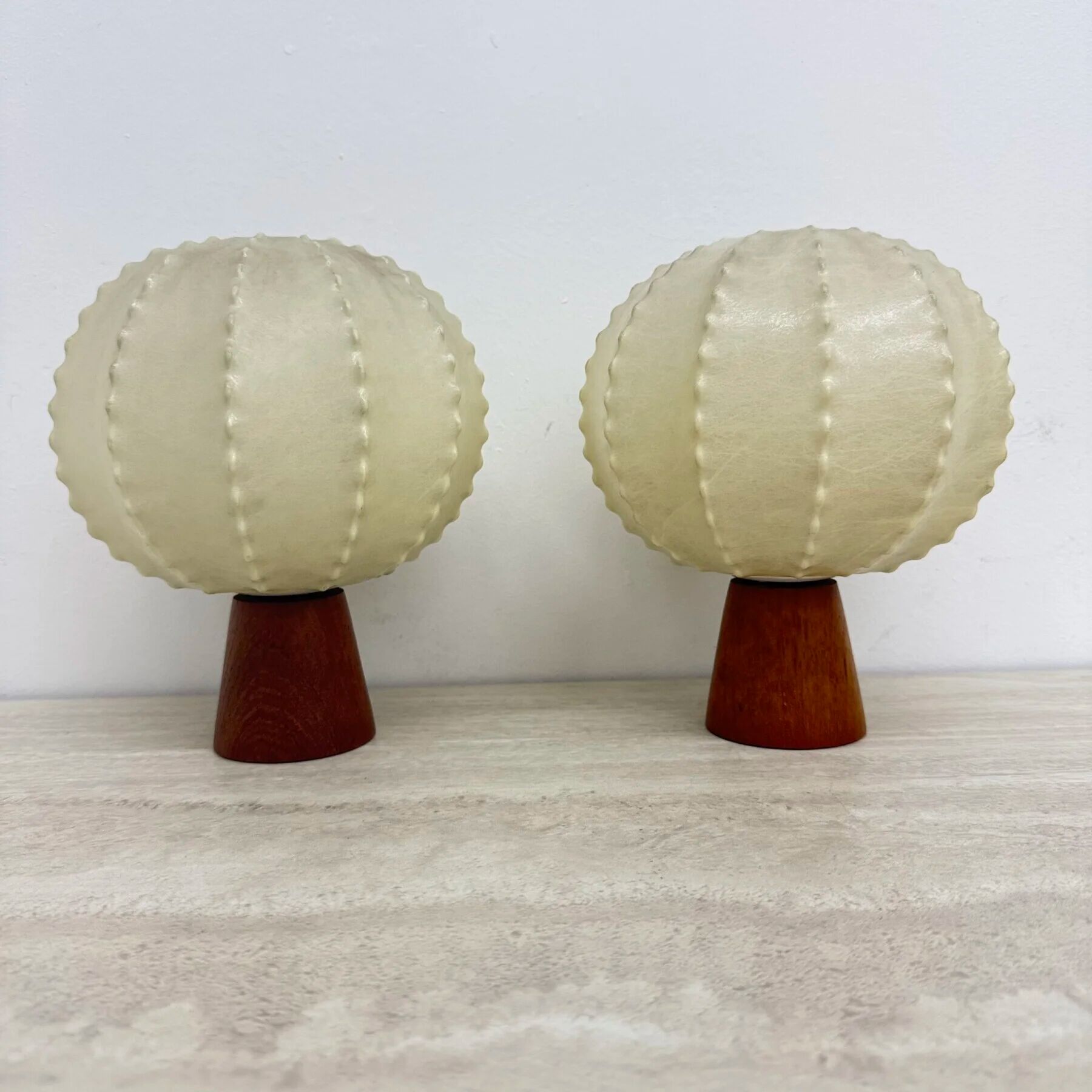 Pair of Goldkant Leuchten cocoon with teak base table lamps, 1970s