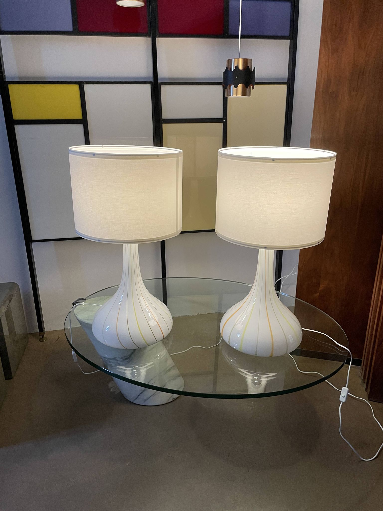 Pair of 1970s tall White Glass Table Lamps model "Candy" by Holmegaard