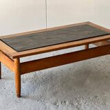 Vintage 1960s oak coffee table with slate top