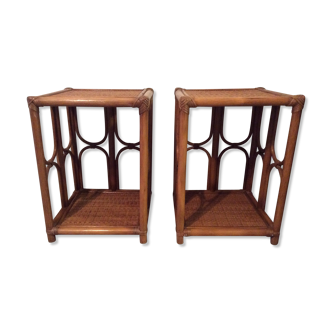 Paires de sellettes table d’appoint en osier et rotin vintage 70