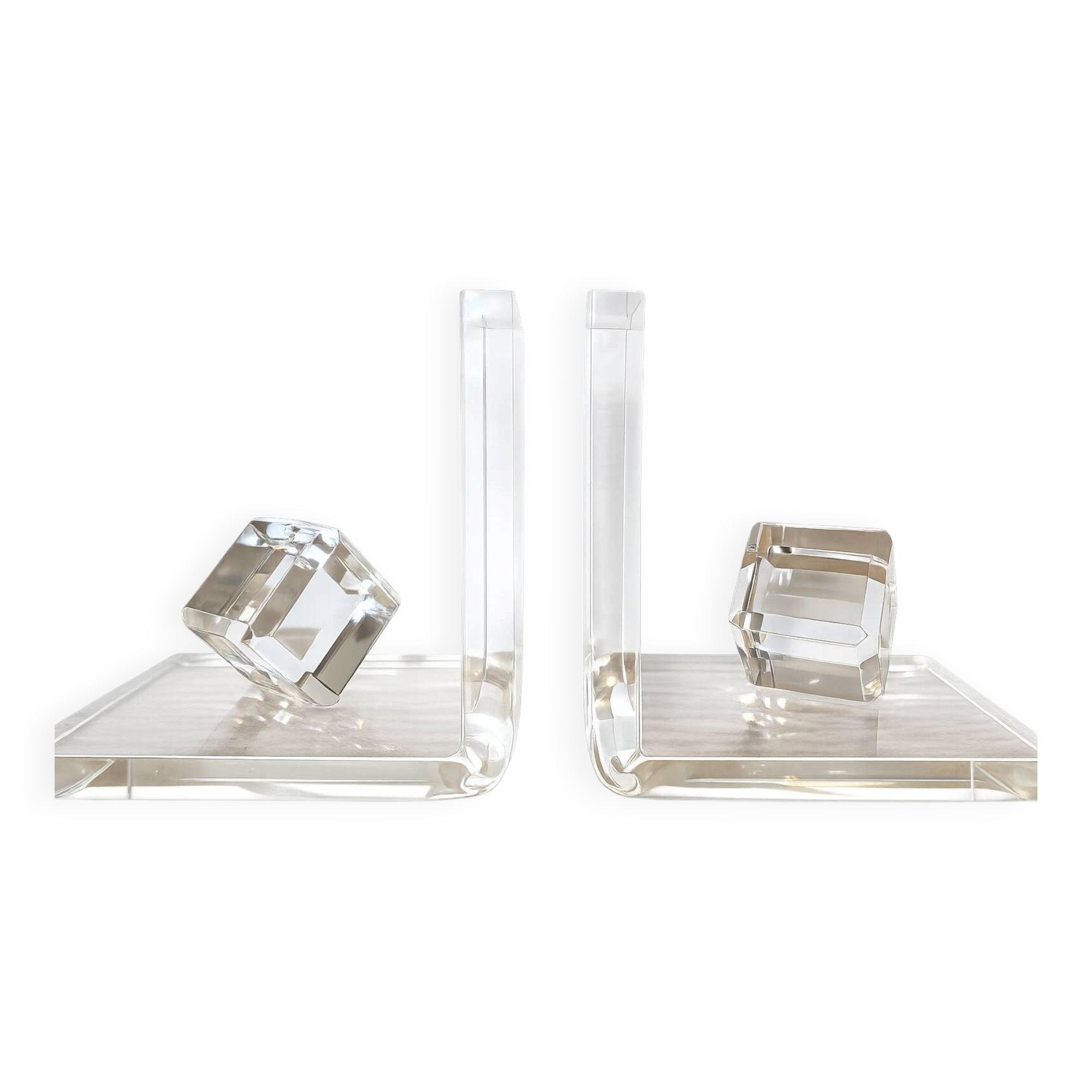 Pair of solid plexiglass bookends, faceted cubes, 1980s