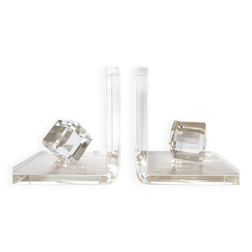 Pair of solid plexiglass bookends, faceted cubes, 1980s