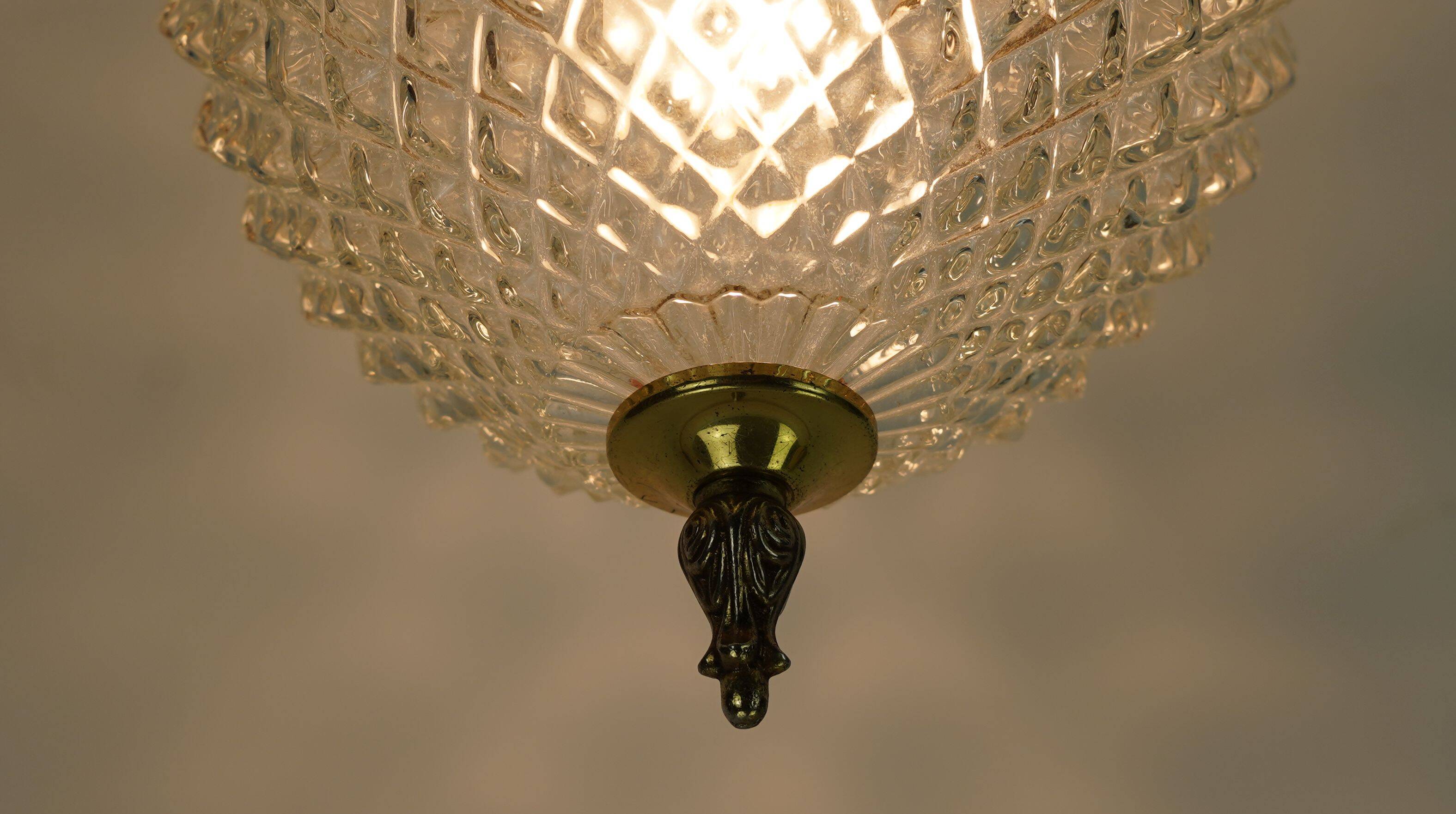 Midcentury ceiling light massive belgium textured glass gold-plated alu 70s