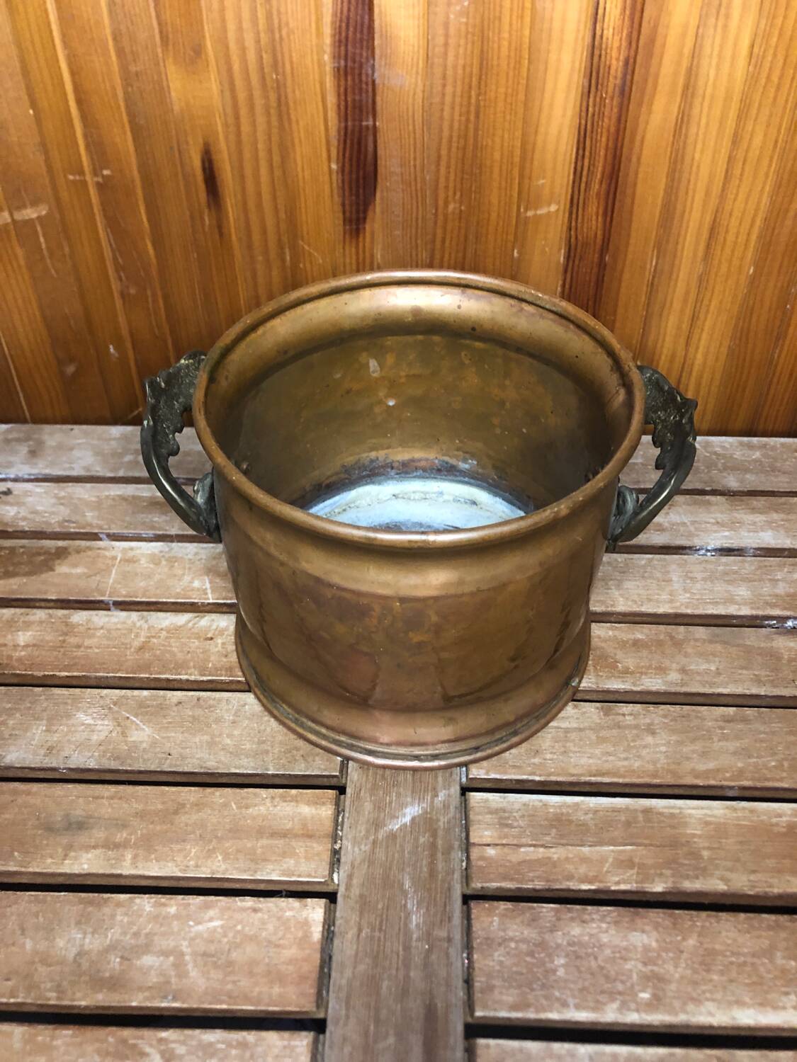 Old copper pot + vintage brass handles #a531