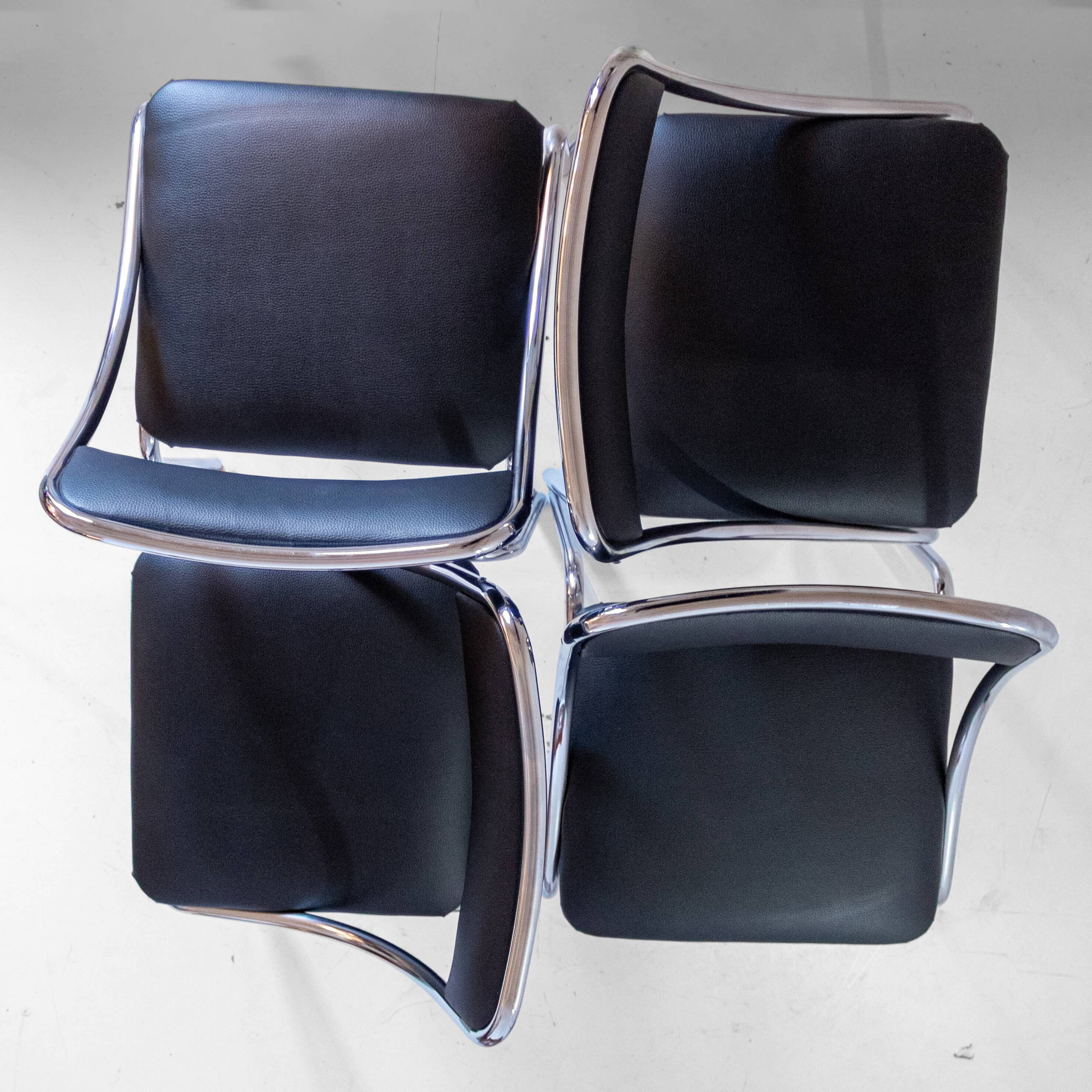 Set of Four Vintage Chromed Dining Chairs, Faux Leather, Italy, 1970