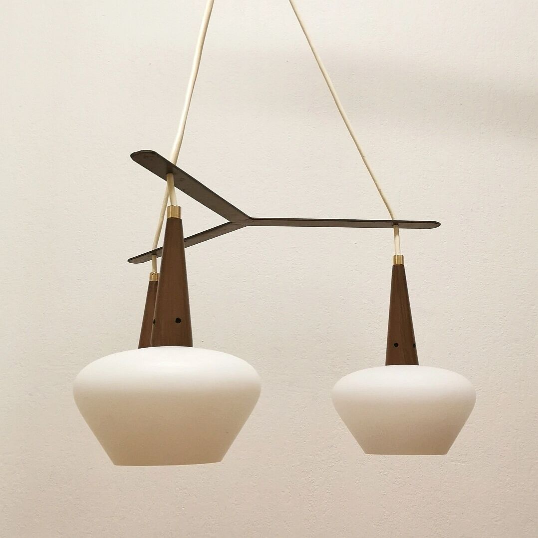 Scandinavian metal and opaline glass pendant lamp, 1950