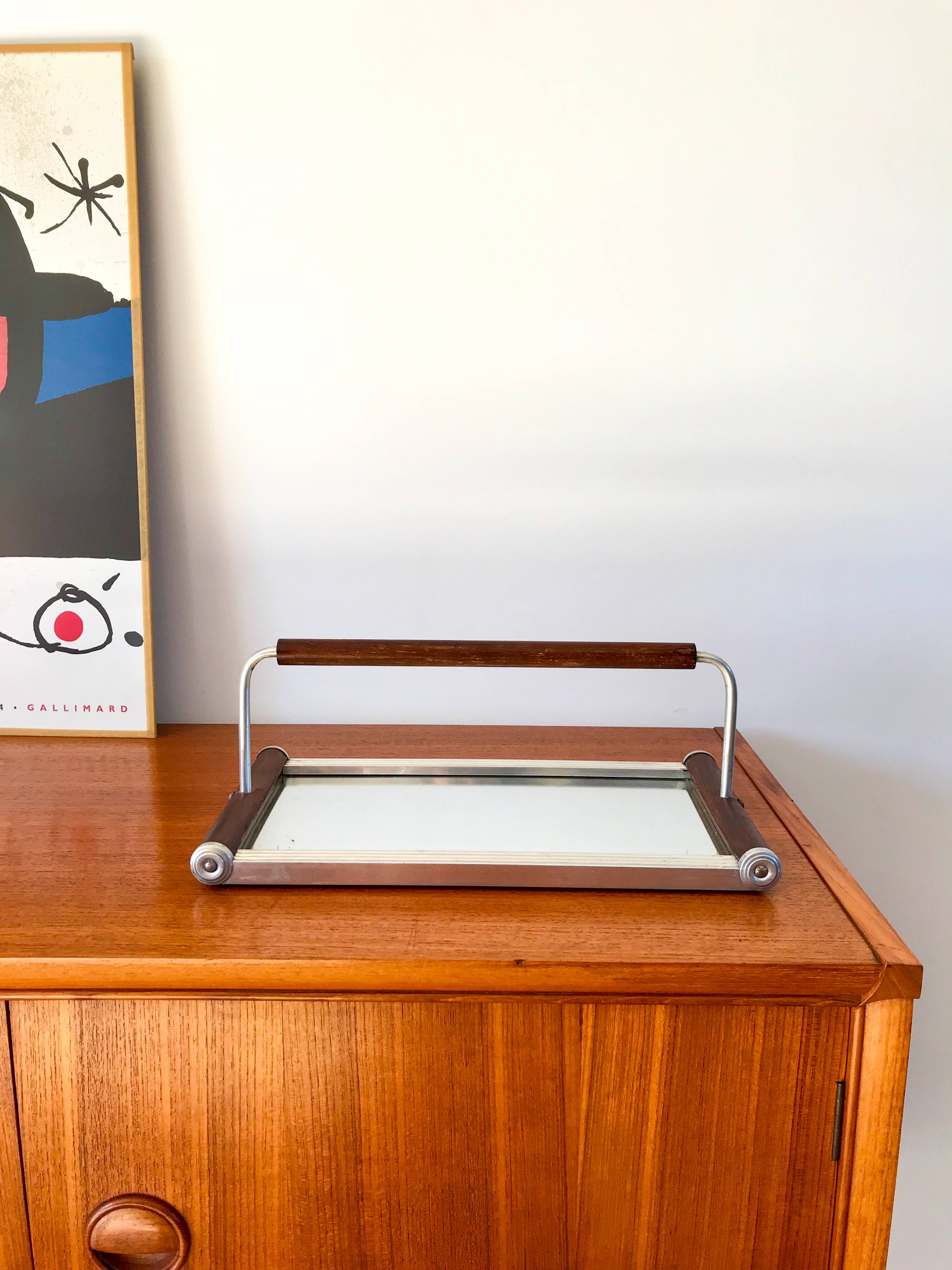 art deco wood and metal mirror tray with handle 1930s