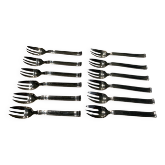 Coffret 12 fourchettes à huîtres . Métal argenté. Boulenger