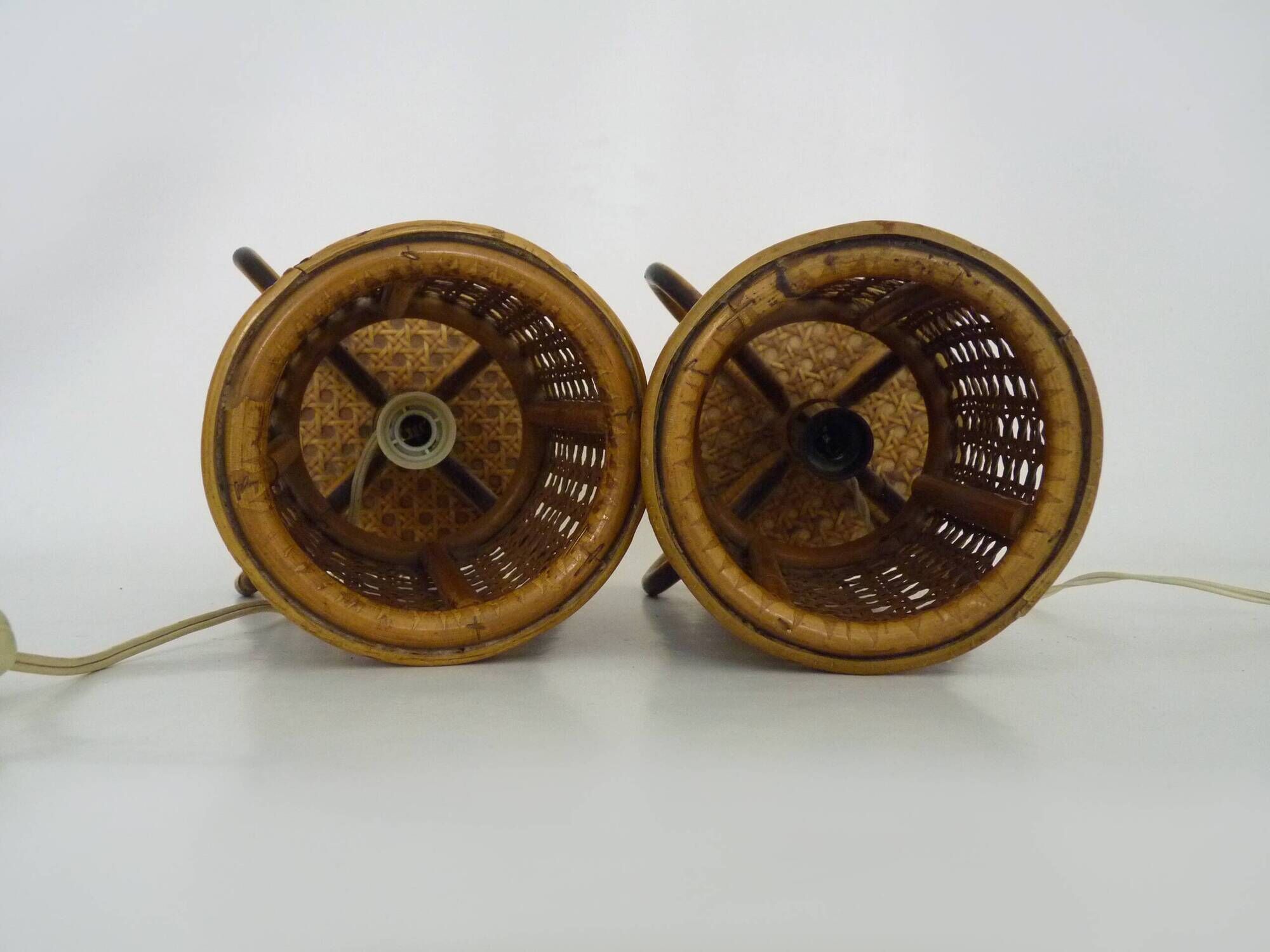 Pair of bamboo rattan caned lamps. Italy 1950s 60s.