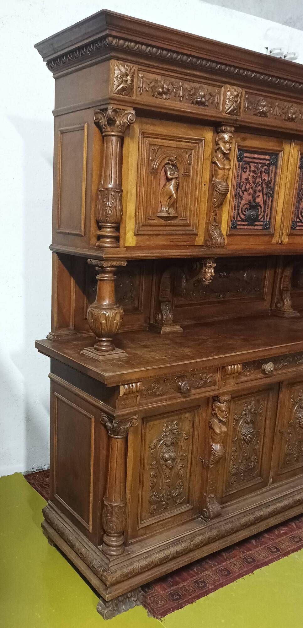 19th-century Renaissance walnut two-body buffet