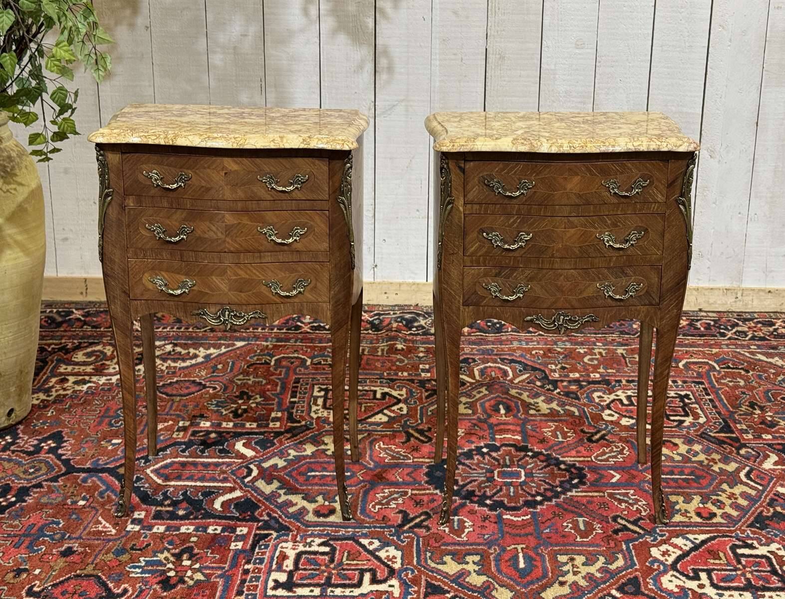 Pair of bedside tables in Louis XV style made of rosewood, oak, and marble top.