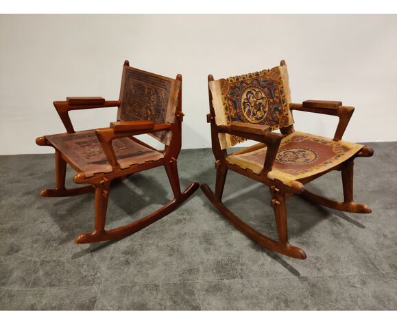 Wood Rocking Chairs 1960s, Folding Leather And Wood Rocking Chair