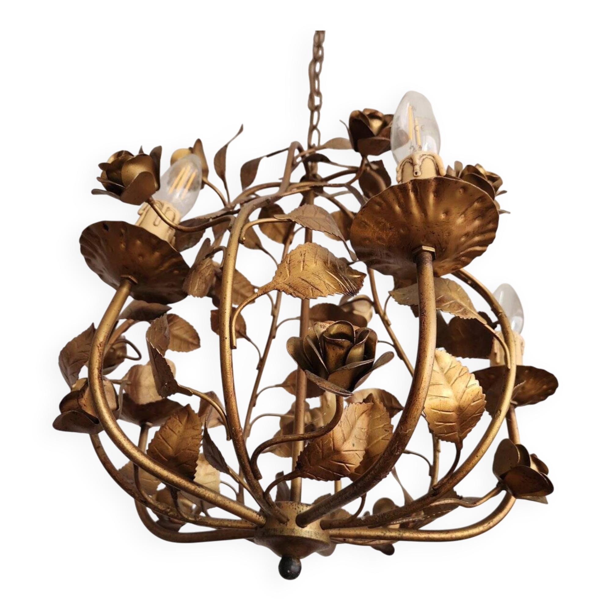 Hollywood Regency 4-light floral chandelier gilt with roses Italy 1960-1970
