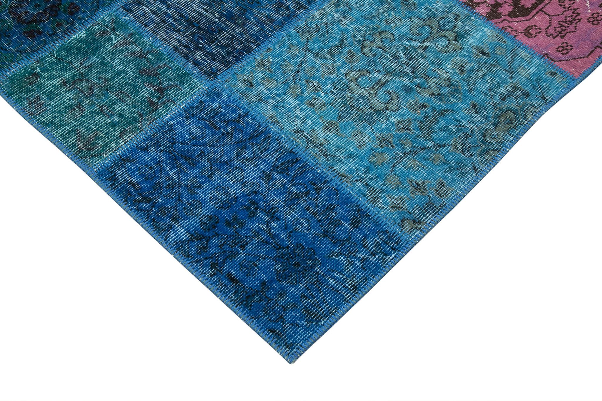 Handwoven anatolian contemporary 204 cm x 300 cm blue patchwork carpet