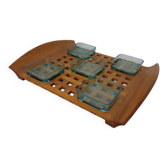 Teak tray with glass bowls by Jens Quistgaard for IHQ Dansk Designs, 1960s, set of 6.