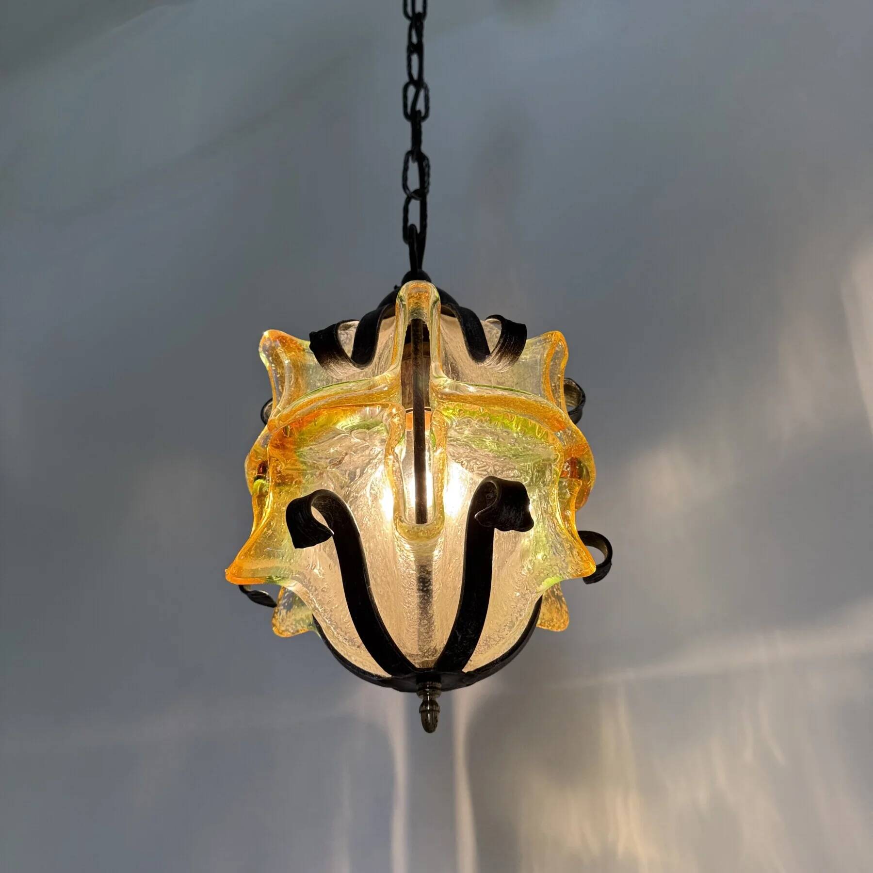 Brutalist glass and iron hanging lamp, 1970s