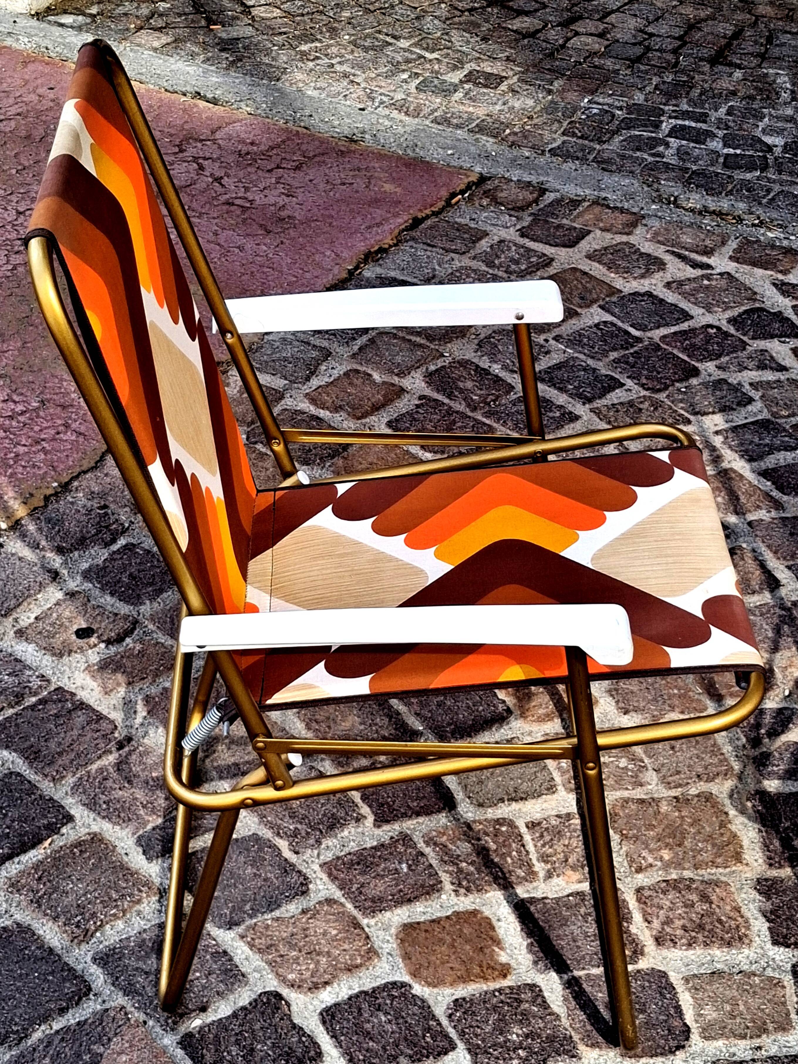 Pair of folding camping chairs, vintage seventies fabric, Lafuma