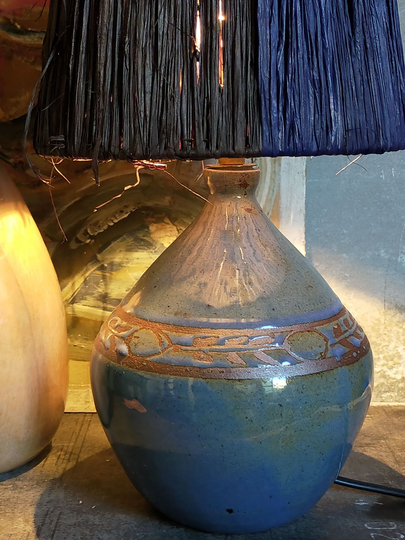 Vintage potter's ceramic table lamp, raffia lampshade