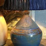 Vintage potter's ceramic table lamp, raffia lampshade
