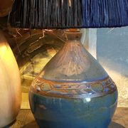 Vintage potter's ceramic table lamp, raffia lampshade