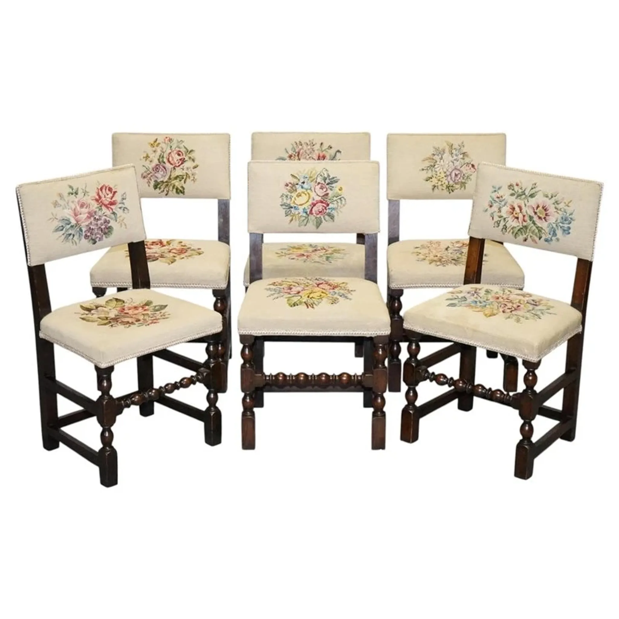 Victorian Floral Tapestry Dining Chairs, England, Set of 6