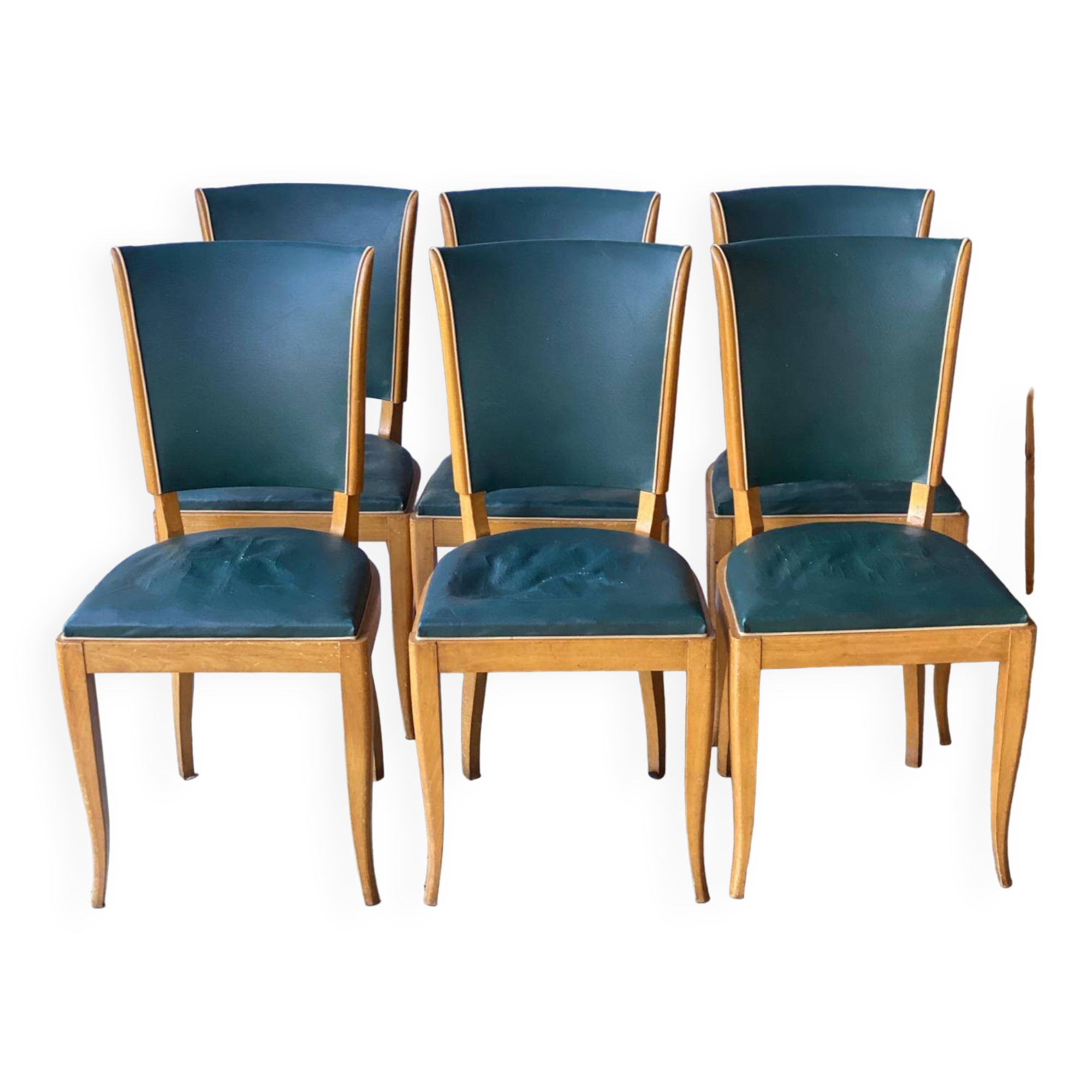 6 vintage dining chairs in solid wood and blue green leather