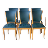 6 vintage dining chairs in solid wood and blue green leather