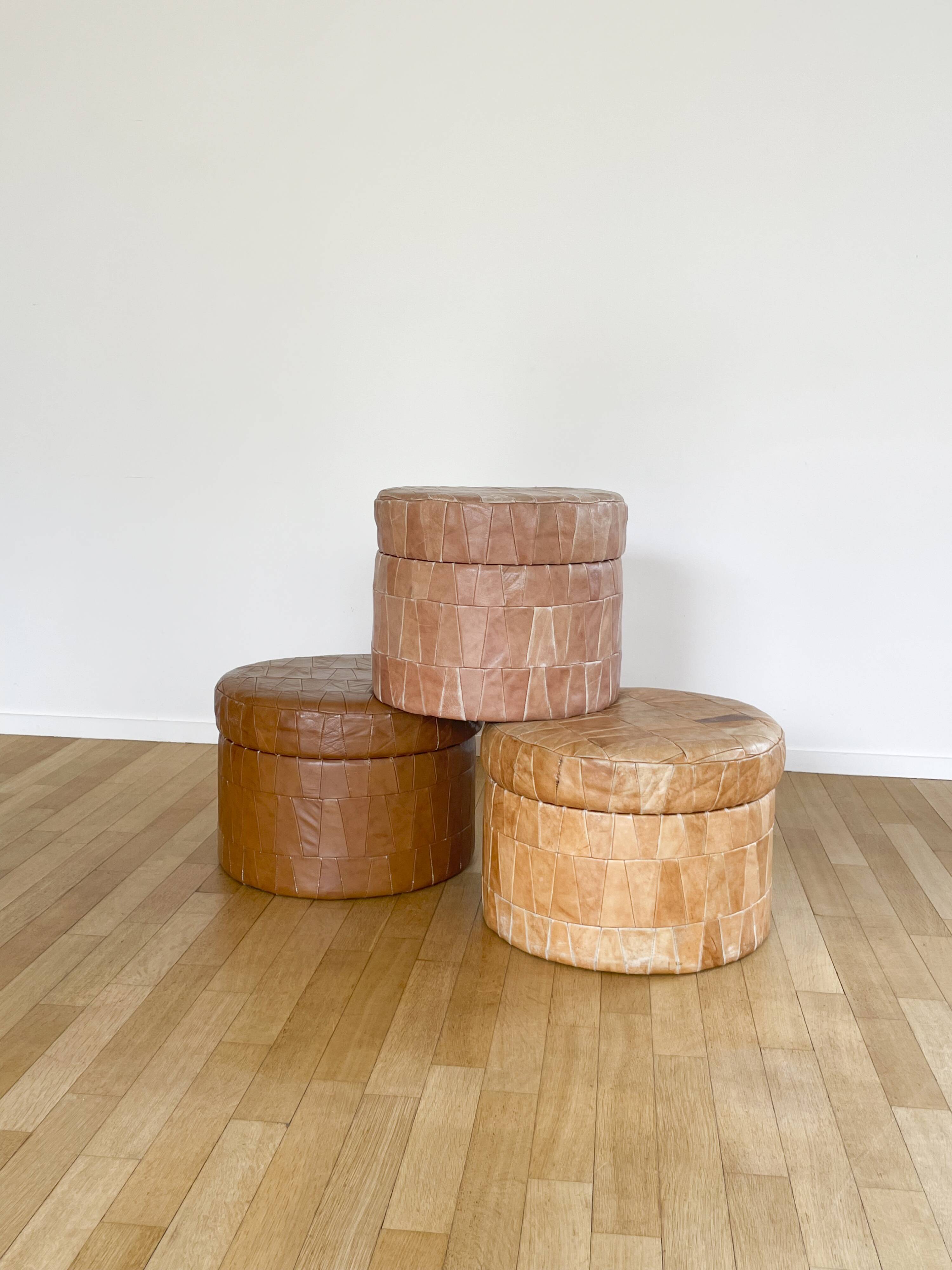 Pouf coffre patchwork cuir cognac