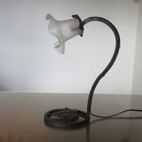 Art deco lamp in hammered wrought iron and tulip in glass, 30s 40s