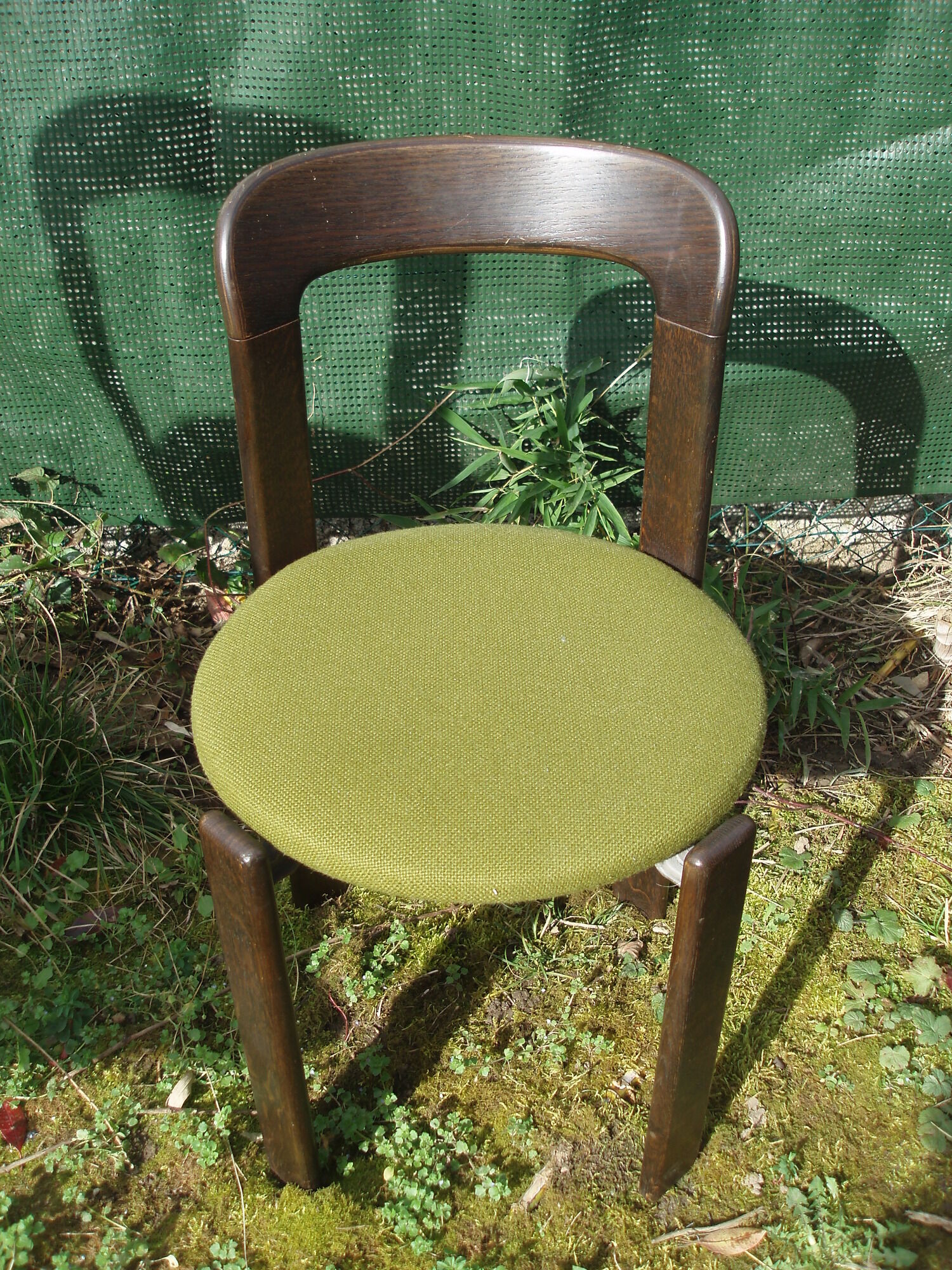 Pair of 70s chairs by designer Bruno Rey in wood and green fabric