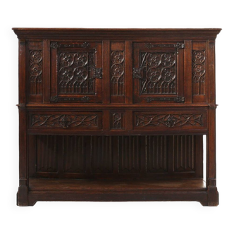 Neo-gothic cabinet in oak with rich decorations and hidden storage, France, 1850s
