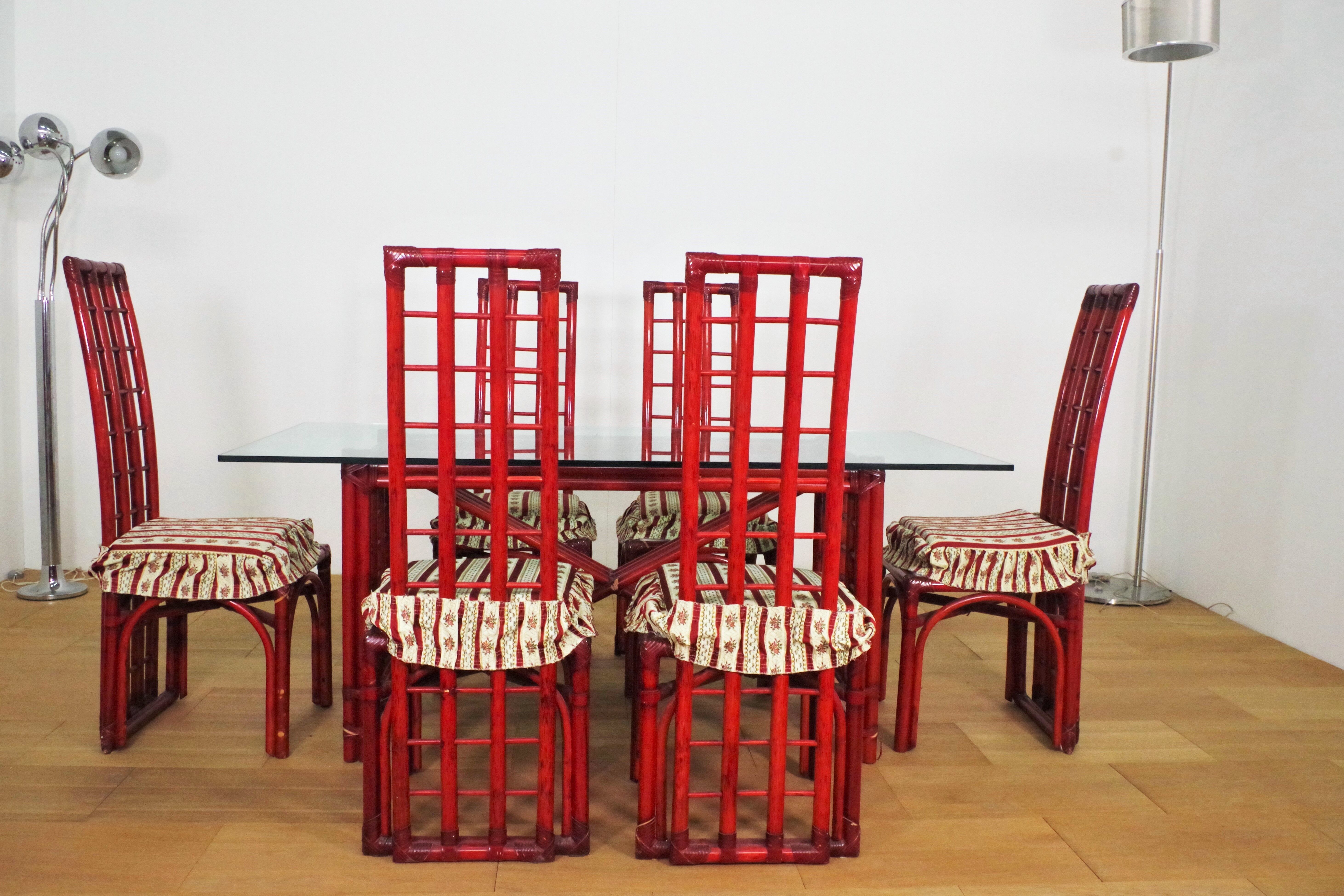Red bamboo table by Arturo Pozzoli, 1980s, set of 7