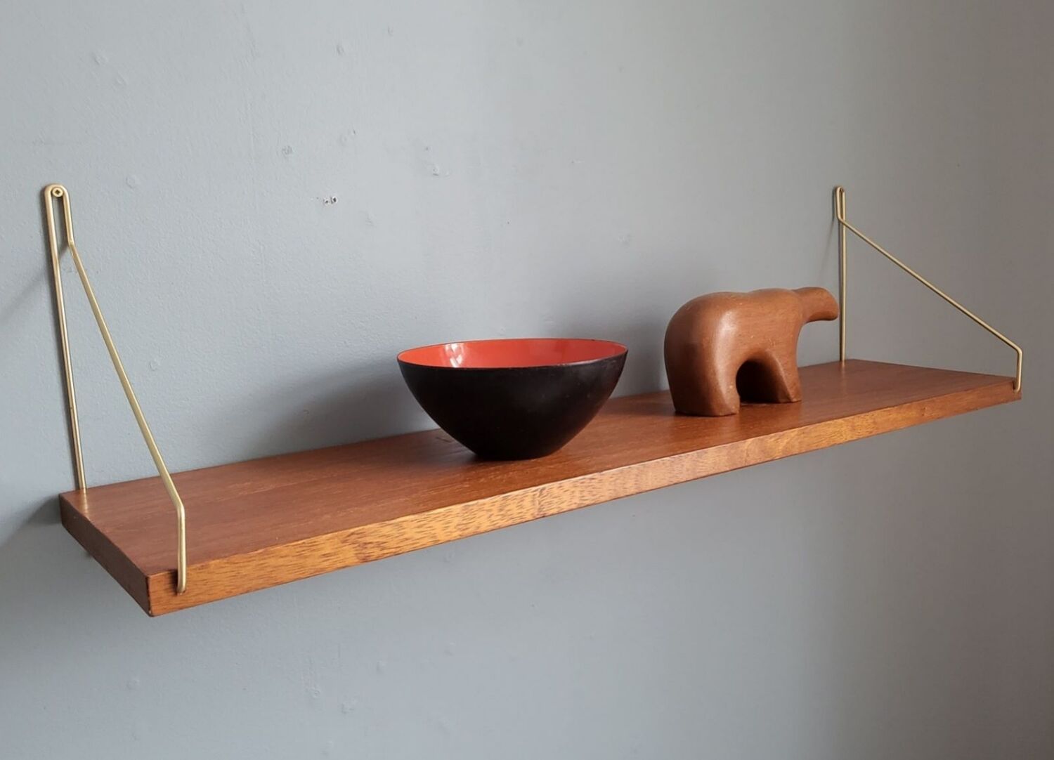 Teak and brass shelf, vintage scandinavian 1960s