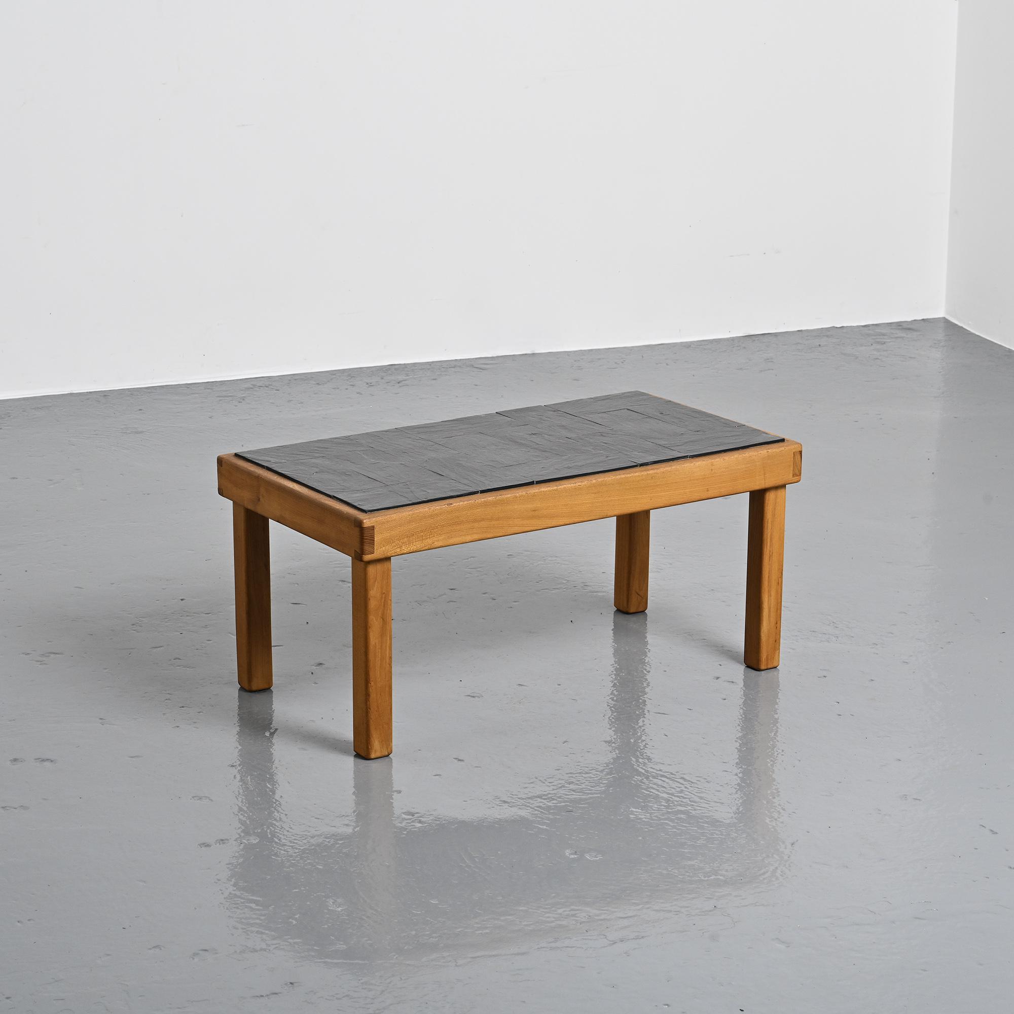 Slate and elm coffee table, Maison Regain, 1980