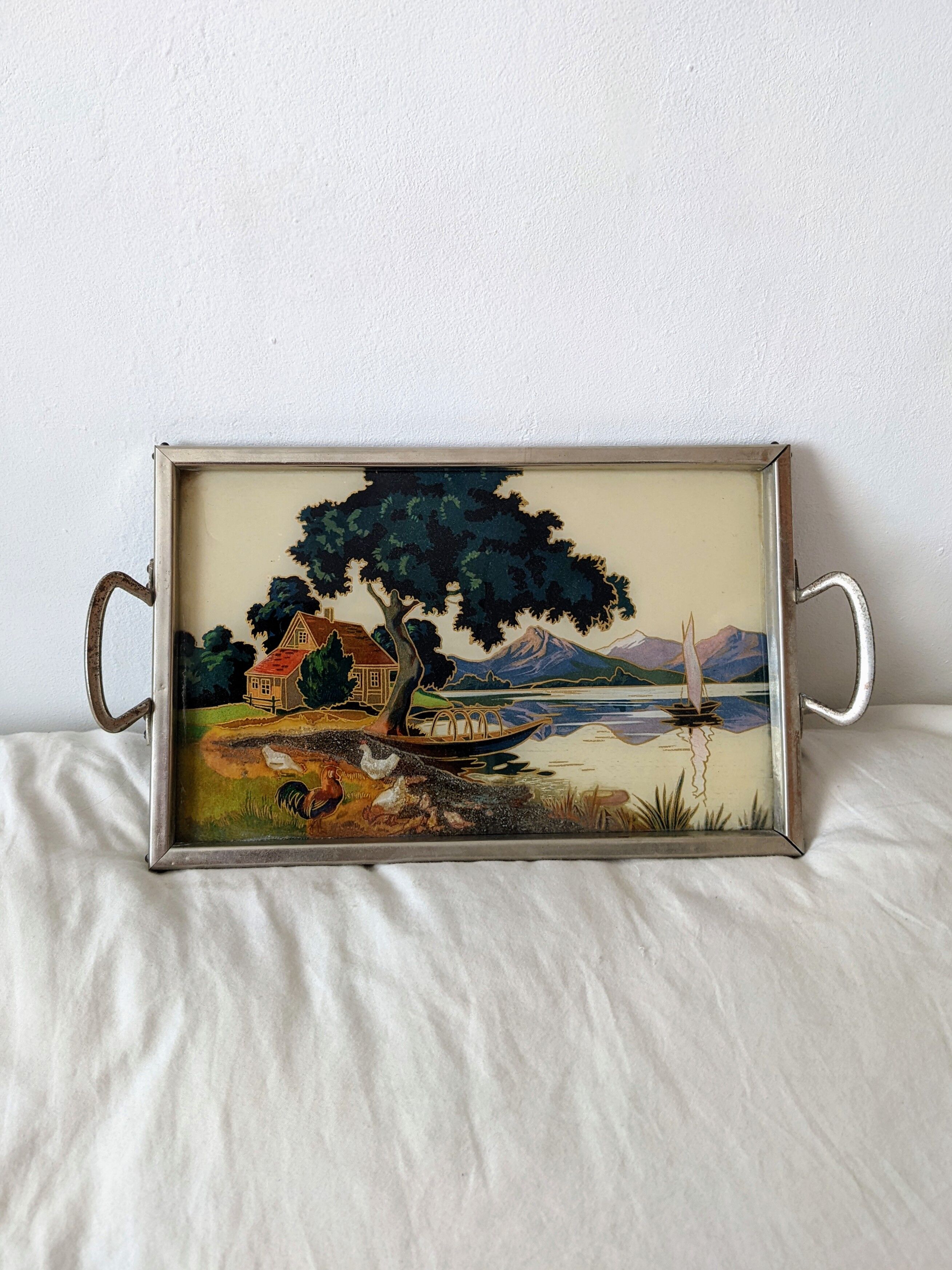 Plateau ancien vintage verre et métal