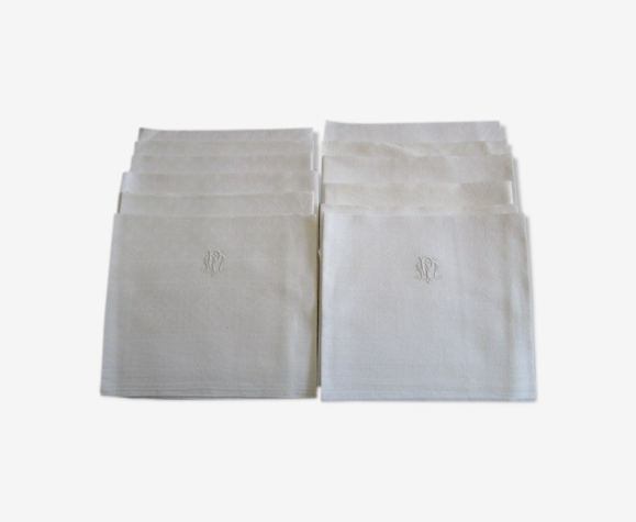 12 serviettes anciennes damassées-monogrammées brodées 84x75cm