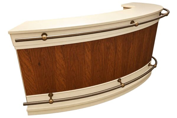Bar comptoir arrondi bois et laiton avec plateau verre – 180 cm