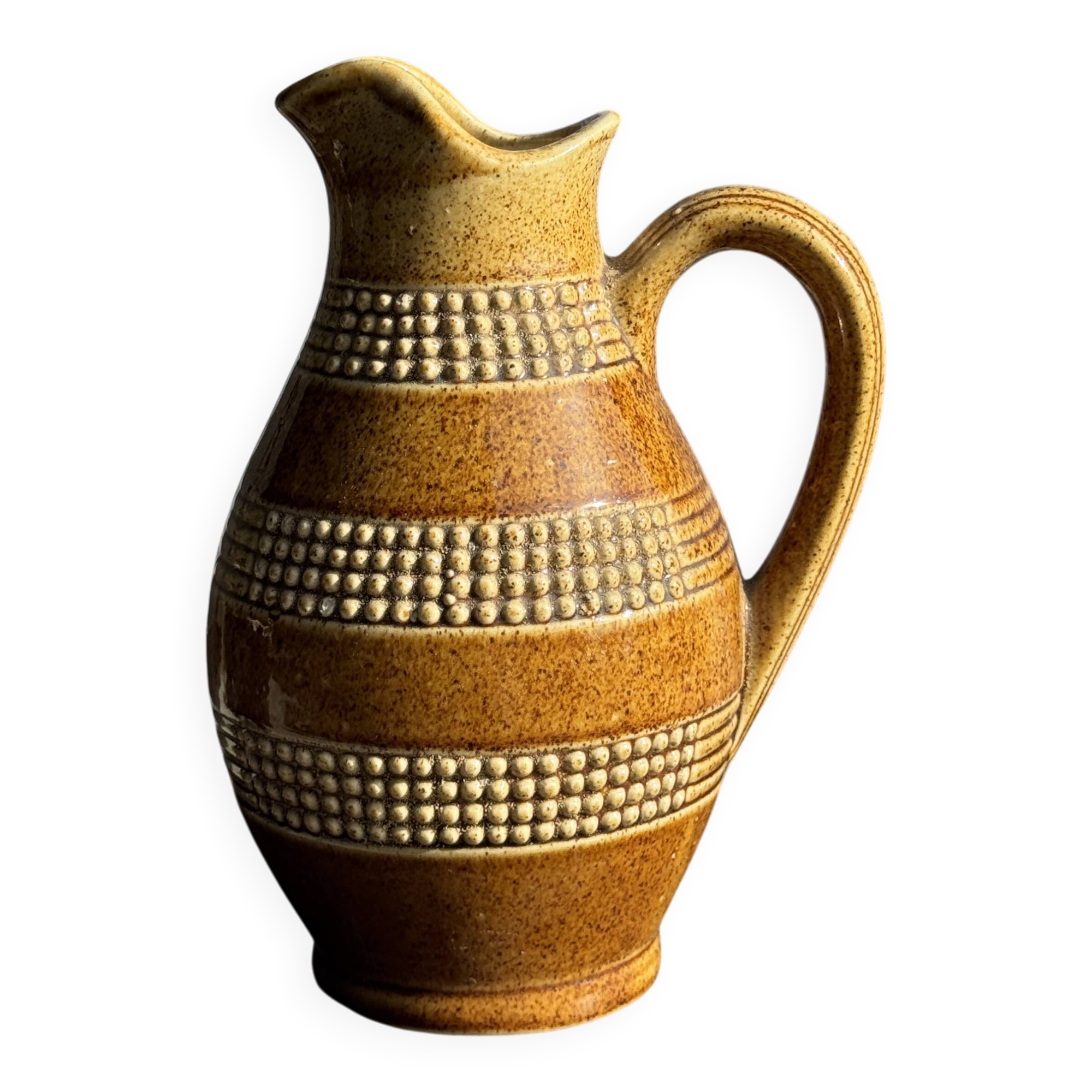 Vintage yellow stoneware carafe with beaded friezes Made in France H22