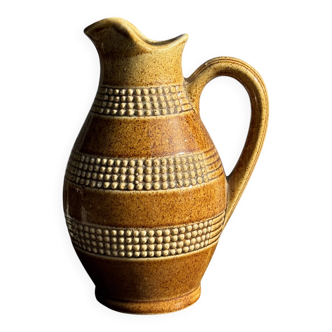 Vintage yellow stoneware carafe with beaded friezes Made in France H22