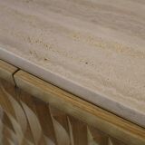 Italian Oak Wood Sideboard with Hand Carved Patterns and Travertine Marble Top