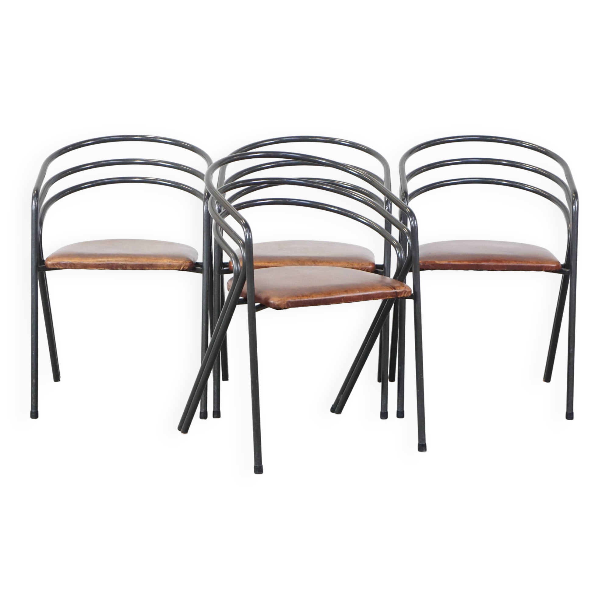 Set of 4 1970s design dining chairs with leather seats and metal frame