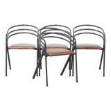 Set of 4 1970s design dining chairs with leather seats and metal frame